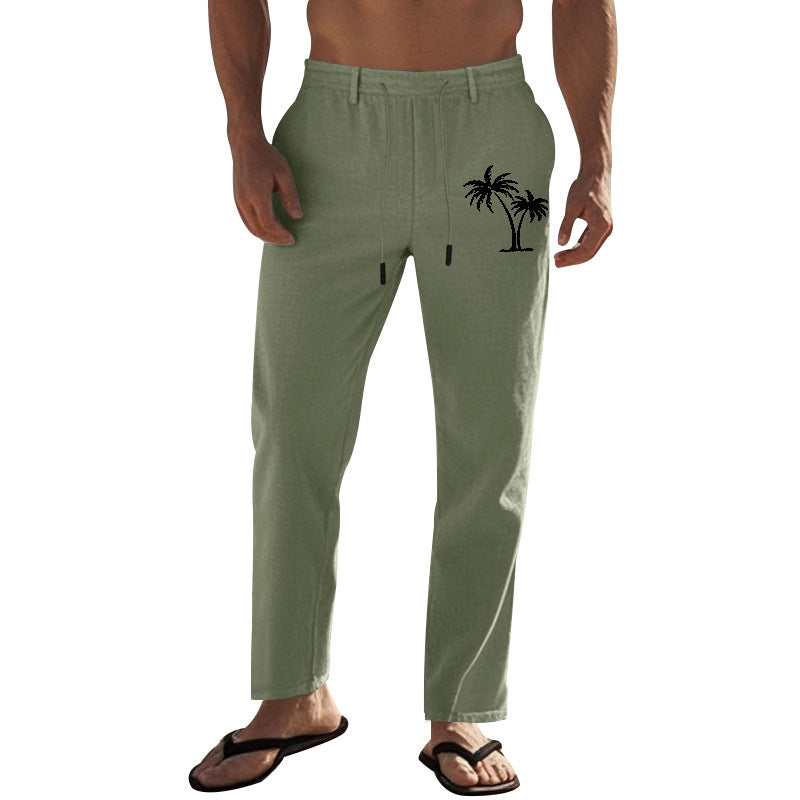 Herren Freizeithose aus leichtem Leinen mit verstellbarem Kordelzug und seitlichem Palmenmotiv Echoarchiv
