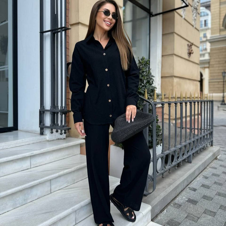 Damen Leichter Leinen-Zweiteiler mit oversized Hemd und High‑Waist Palazzohose – Élanora