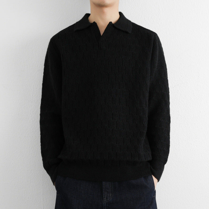 Herren Feinstrick-Polo-Pullover mit Strukturstrick und offenem V-Ausschnitt Echoarchiv