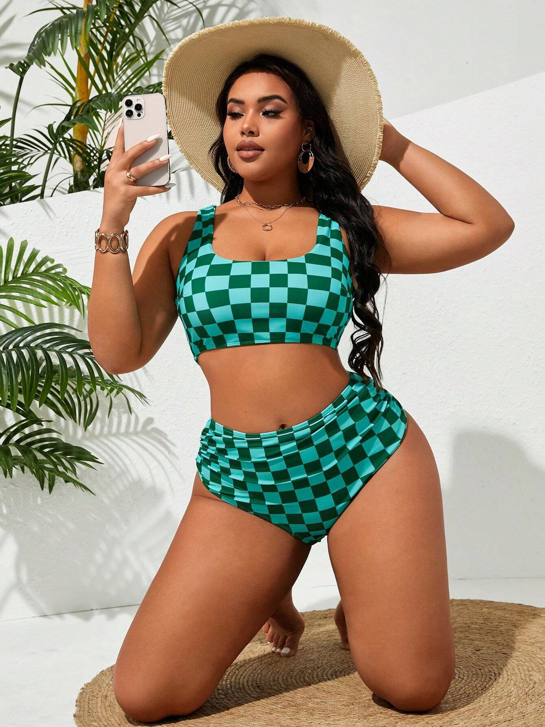 Damen Hochtailliertes Bikini-Set mit kariertem Design Echo Archiv