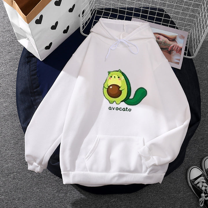Damen Oversize-Fleecehoodie mit weichem Innenfutter, Kängurutasche und Avocato-Cartoonmotiv – Auréline