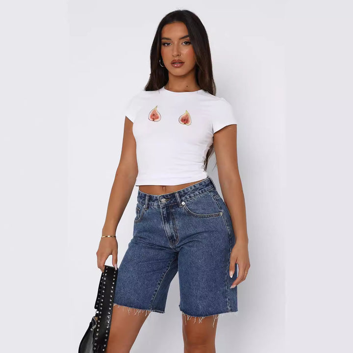 Damen Kurzarm Crop-Top mit fruchtigem Motiv und figurbetontem Schnitt Echo Archiv
