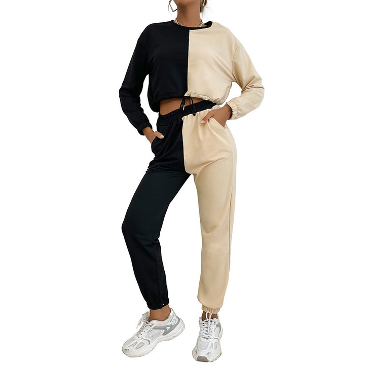 Damen Zweiteiliges Cropped-Lounge-Set mit Farbblock-Optik, Kordelzug und Jogger Echoarchiv