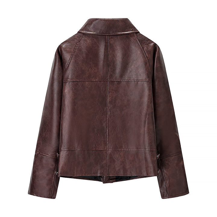 Damen Kurz geschnittene Oversize-Lederjacke mit Rundkragen und Pattentaschen Echo Archiv