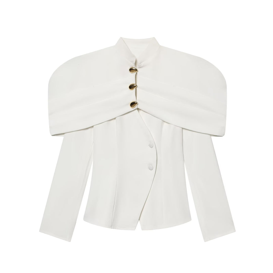 Damen elegante Blazerjacke mit übergroßen Schulterklappen und goldenen Knopfdetails Echo Archiv
