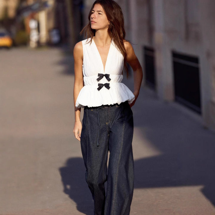 Damen Weite High‑Waist-Jeanshose im Palazzo-Schnitt mit Mittelnaht und D-Ring-Gürtel Echo Archiv