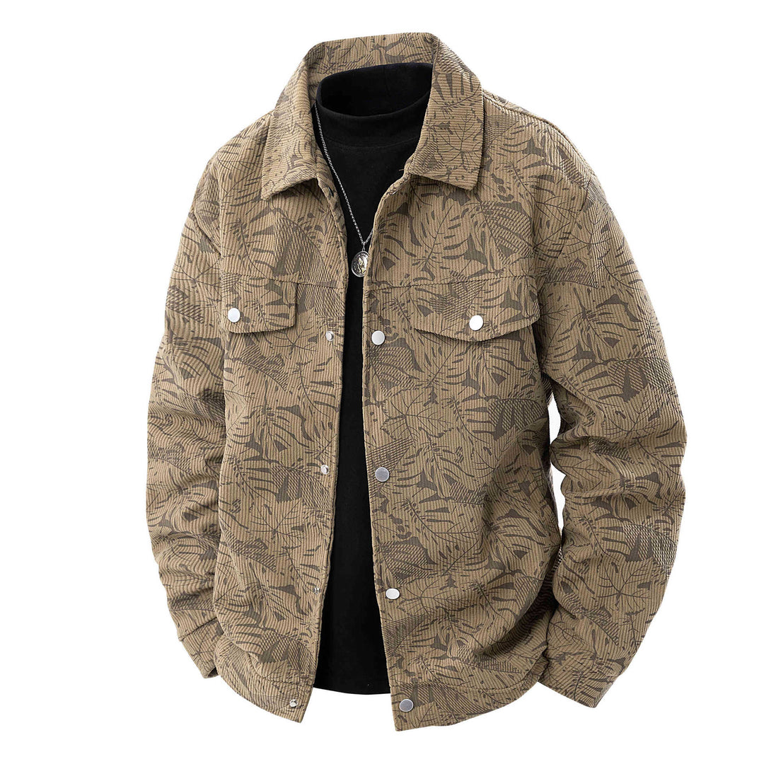 Herren Kordjacke im Truckerstil mit tonalem Blattmuster, Druckknopf‑Front und Pattentaschen Echo Archiv