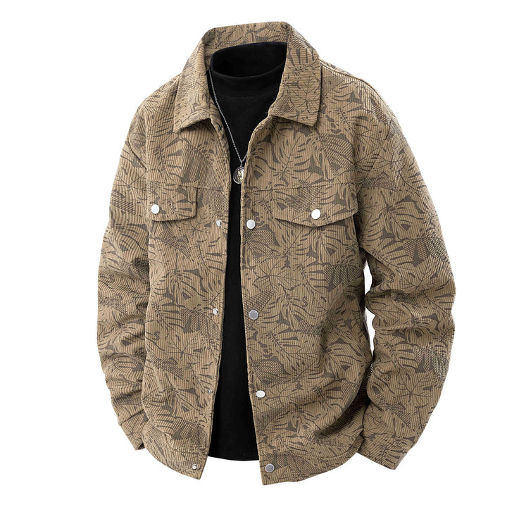 Herren Kordjacke im Truckerstil mit tonalem Blattmuster, Druckknopf‑Front und Pattentaschen Echo Archiv