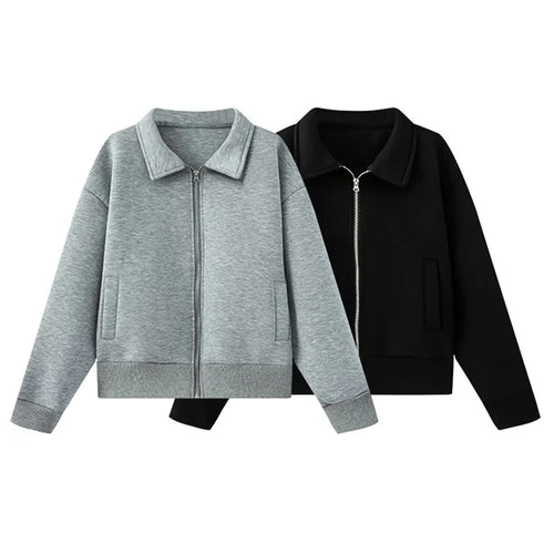 Damen lässige Sweatjacke mit durchgehendem Reißverschluss und Umlegekragen – Célinea