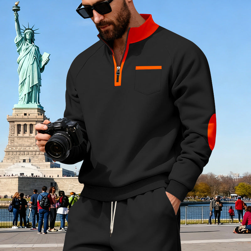 Herren nan Fleece-Quarterzip Pullover mit Brusttasche und Ellbogenpatches Echo Archiv