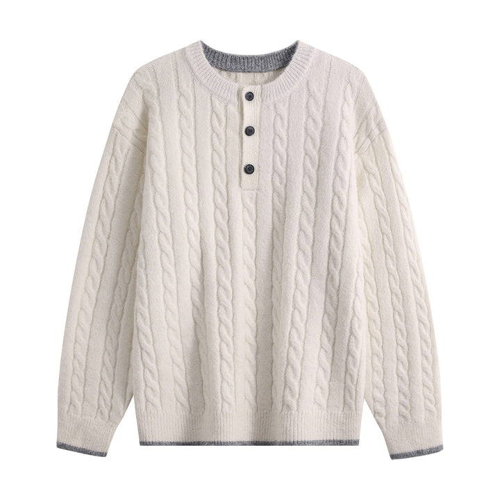 Damen Zopfmuster-Henley-Pullover mit Rundhalsausschnitt & Knopfleiste Echoarchiv