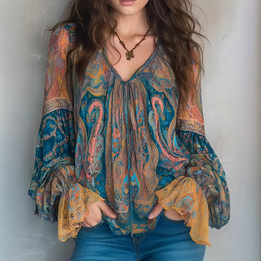 Damen Boho-Chic Bluse mit geflammten Ärmeln und V-Ausschnitt Echo Archiv