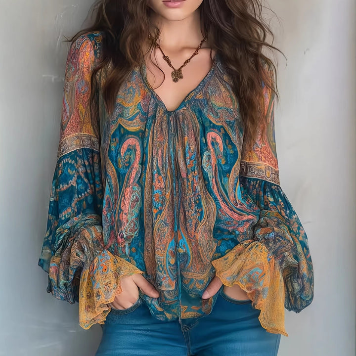 Damen Boho-Chic Bluse mit geflammten Ärmeln und V-Ausschnitt Echo Archiv