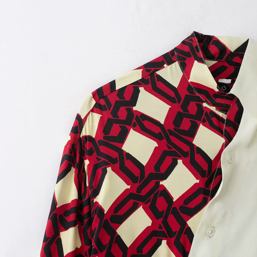Damen Oversize Seidenoptik Bluse mit asymmetrischem Saum und Patchwork-Print Echo Archiv