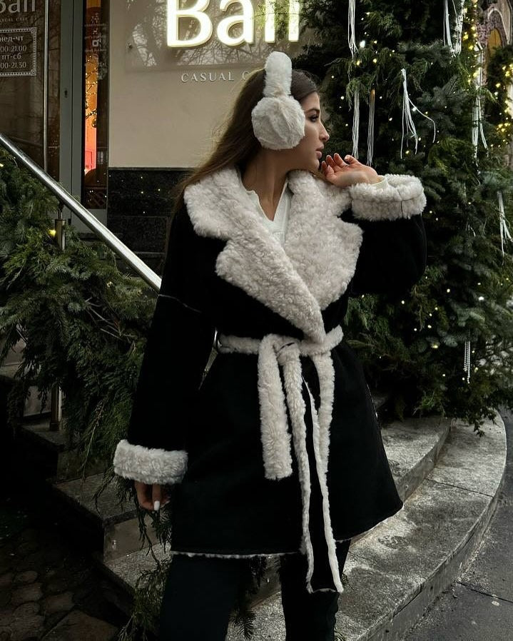 Damen Kurzer Oversized Wintermantel mit Teddy-Futter und Taillengürtel Echoarchiv