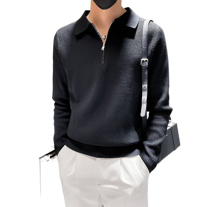 Herren Strukturierter Halbzip-Strickpolopullover mit Reißverschlusskragen Echoarchiv