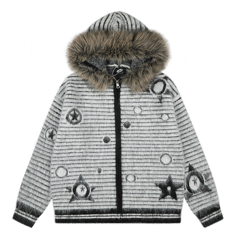 Damen Kapuzen-Strickjacke mit Fellbesatz, gestreifter Mohair‑Optik und Sternapplikationen Echoarchiv