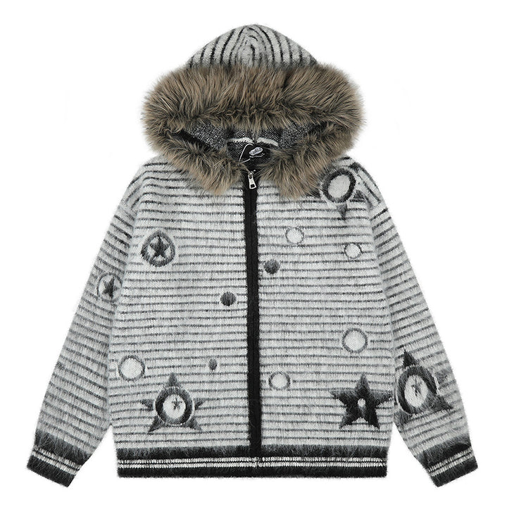 Damen Kapuzen-Strickjacke mit Fellbesatz, gestreifter Mohair‑Optik und Sternapplikationen Echoarchiv