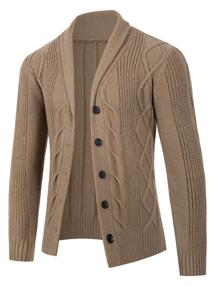 Herren modische Strickjacke mit hohem Kragen und dekorativem Zopfdesign Echoarchiv