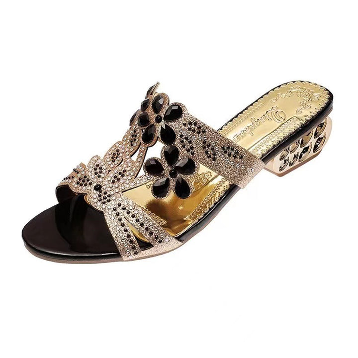 Damen nan verzierte Riemchensandalen mit mittelhohem geometrischem Blockabsatz und Kristallblumen Echo Archiv