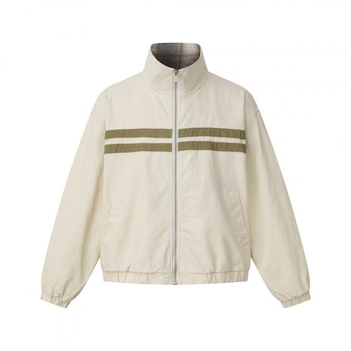 Unisex Kurz geschnittene kastige Blousonjacke mit Stehkragen, doppeltem Streifendetail und kariertem Innenfutter Echo Archiv