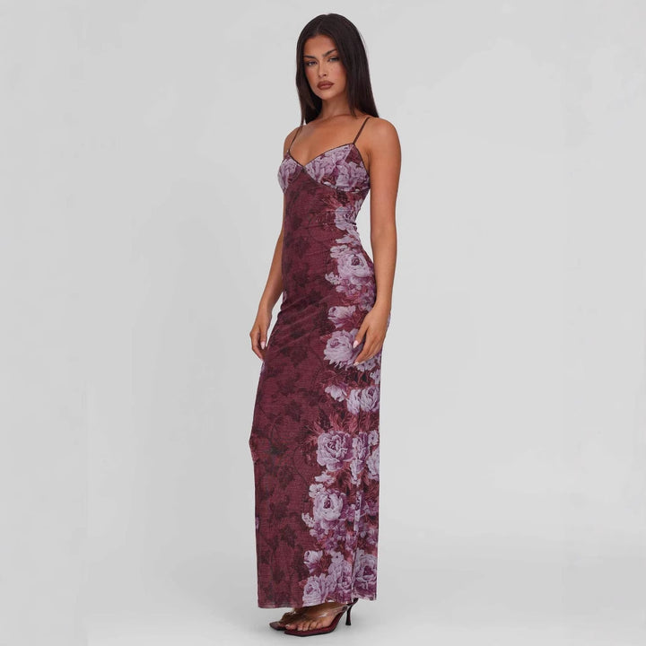 Damen nan figurbetontes Slip-Maxikleid mit Spaghettiträgern, Miedernaht und floral-barockem Digitaldruck Echo Archiv