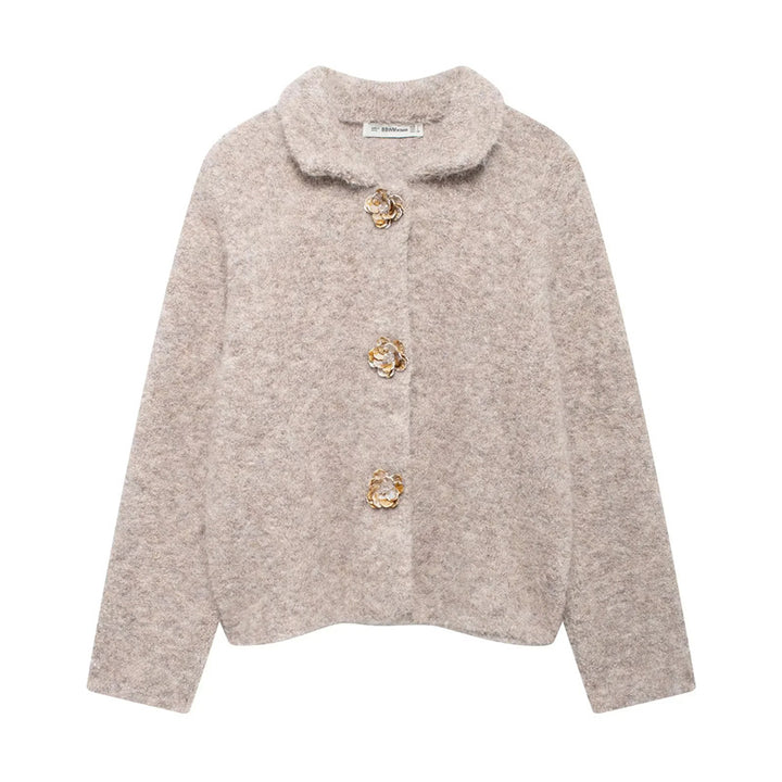 Damen kurze Bouclé-Teddyjacke mit dekorativen Blumenknöpfen, Hemdkragen und kastigem Schnitt – Célinea
