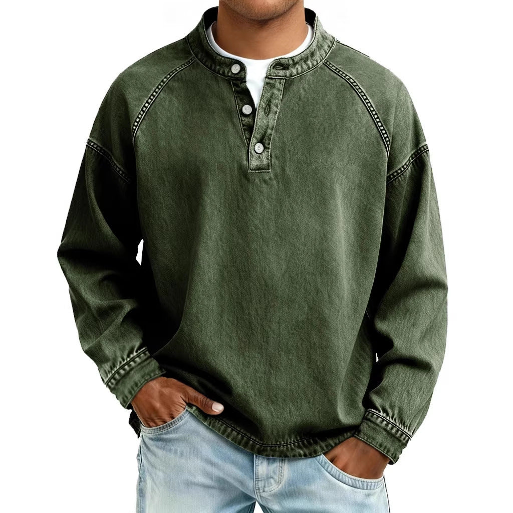 Herren verwaschenes Henley-Shirt mit Stehkragen, lockerer Passform und Knopfleiste – Marzano