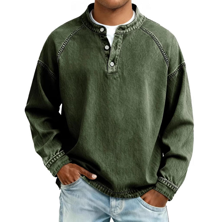 Herren verwaschenes Henley-Shirt mit Stehkragen, lockerer Passform und Knopfleiste – Marzano
