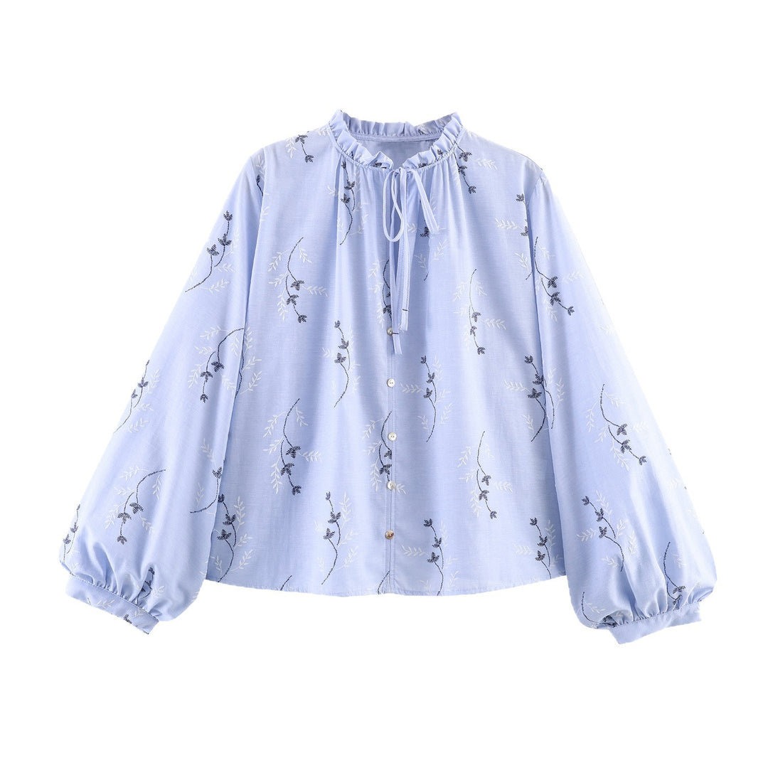 Damen Bestickte Bluse mit Rüschenkragen, Bindeband und weiten Ballonärmeln Echoarchiv