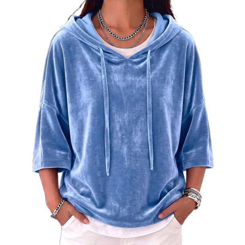Damen Oversize Samt-Halbarm-Hoodie mit Kordelzug und Taschen Echoarchiv