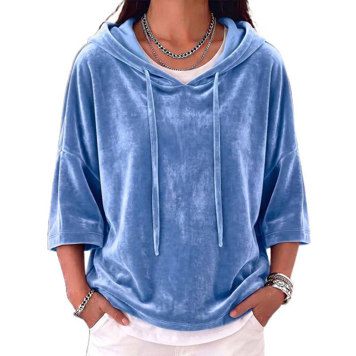 Damen Oversize Samt-Halbarm-Hoodie mit Kordelzug und Taschen Echoarchiv