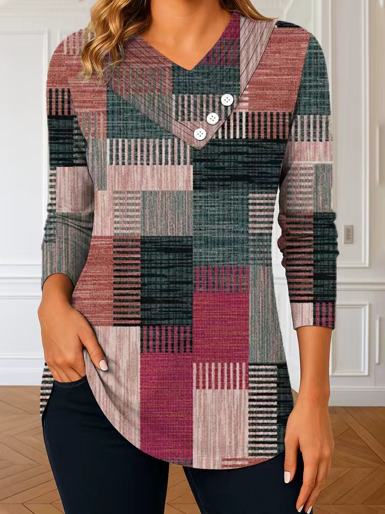 Damen Langarm-Tunika mit asymmetrischem V-Ausschnitt, Zierknopfleiste und kariertem Patchworkmuster – Avérine
