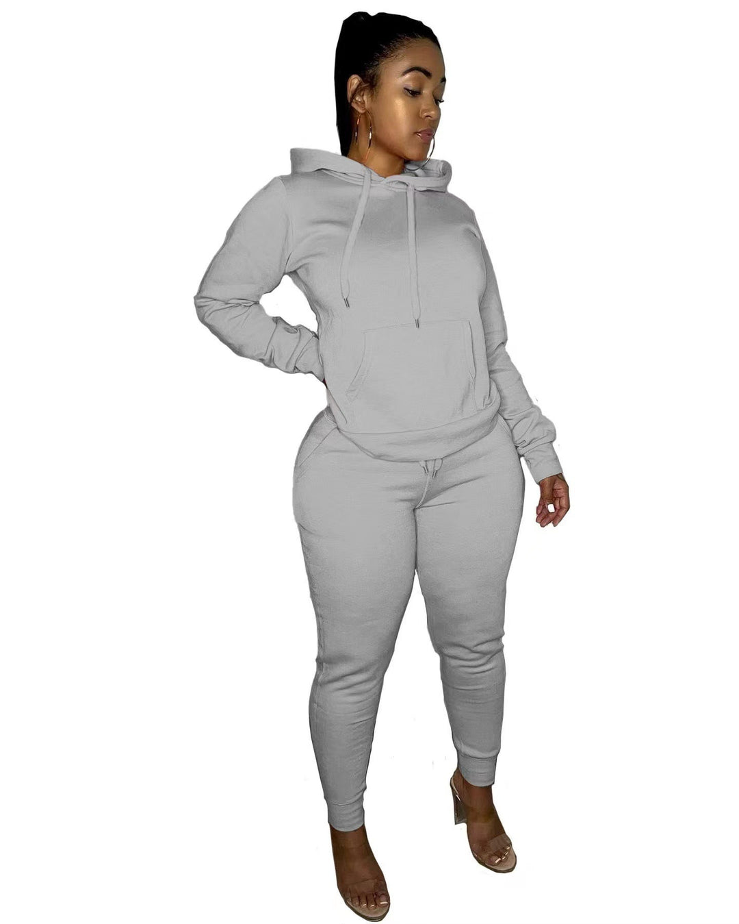 Damen tailliertes Hoodie- und Jogginghose-Set mit Kängurutasche, hohem Komfortbund und gerippten Knöchelbündchen – Auréline
