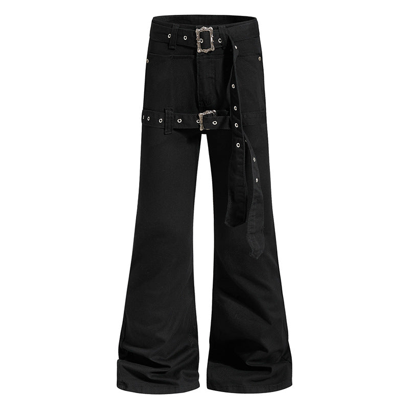 Damen High‑Waist Schlag-Cargohose mit weitem Bein, Doppelgürtel und Metallösen Echoarchiv
