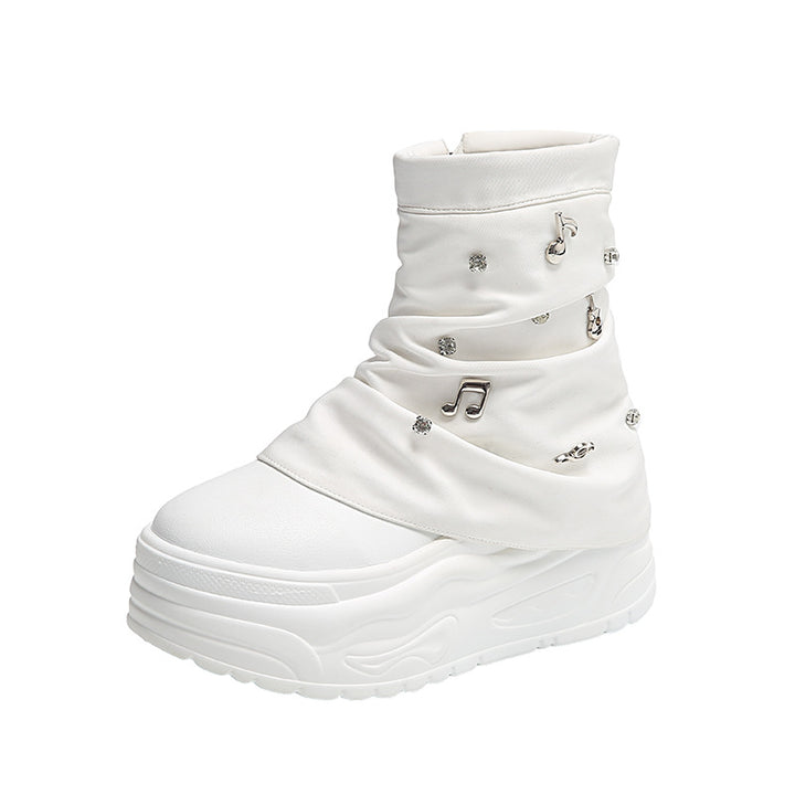 Damen nan Plateau-Stiefelette mit gerafftem Schaft und Musiknoten‑Zierapplikationen Echo Archiv