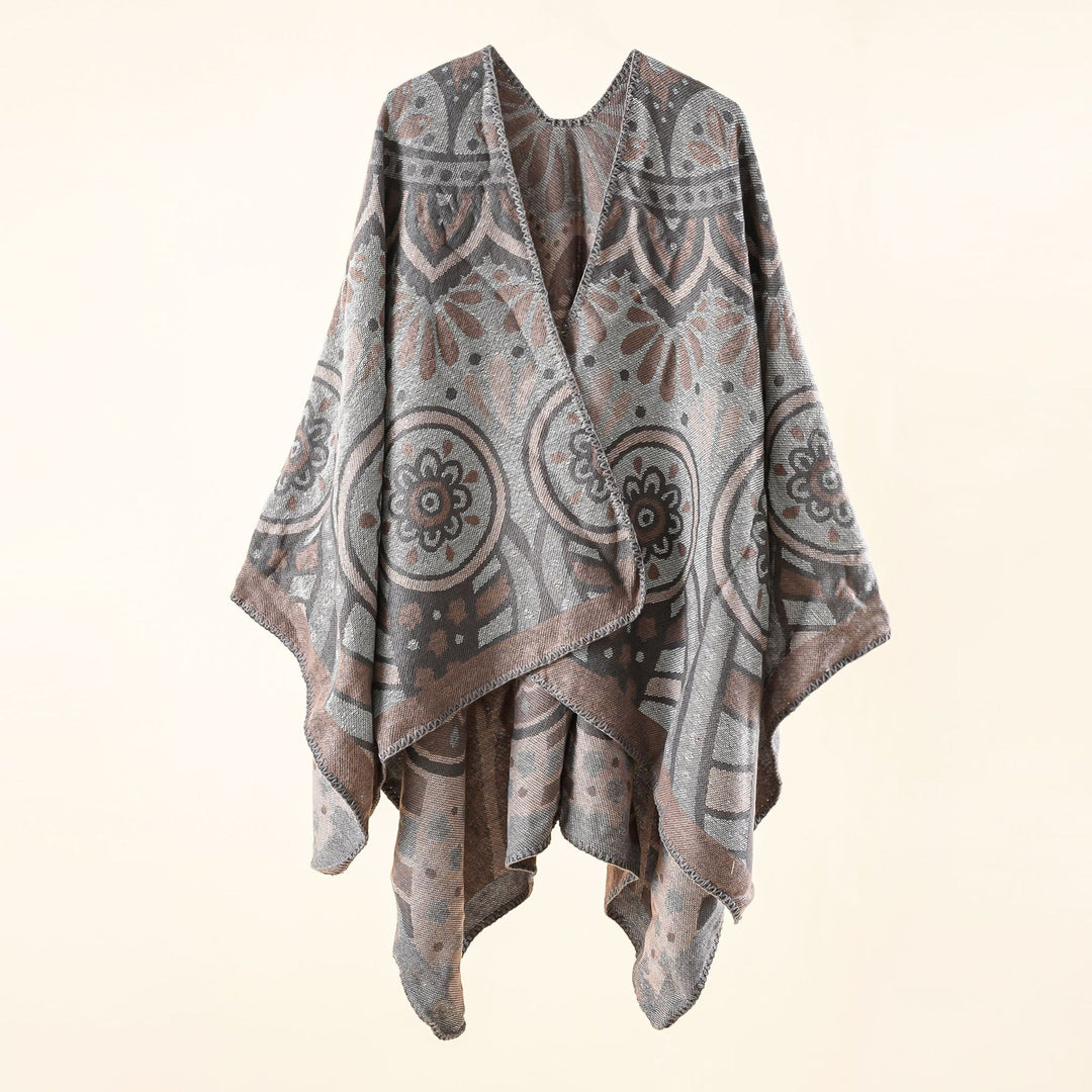 Damen Wollmix-Umhangponcho mit ornamentaler Jacquardstruktur und offenem Fall – Montévia