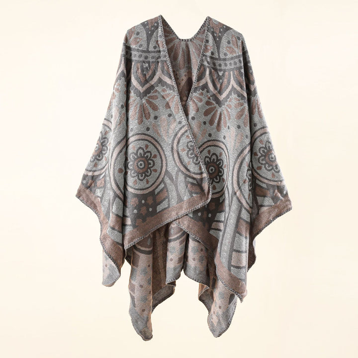 Damen Wollmix-Umhangponcho mit ornamentaler Jacquardstruktur und offenem Fall – Montévia