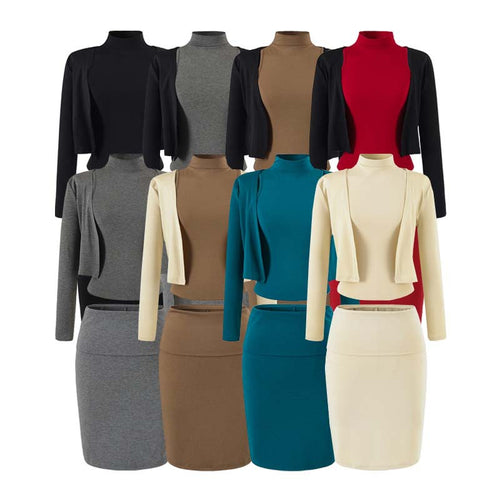 Damen Zweiteiliges Business-Strickset mit Rollkragen-Top, Bolero und Bleistiftrock Echoarchiv