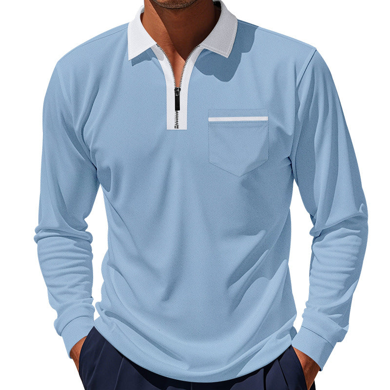 Herren nan langärmeliges Zip-Poloshirt mit Brusttasche und Kontrastkragen Echo Archiv