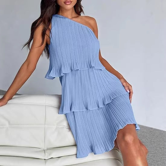 Damen Ärmelloses plissiertes Stufenkleid mit asymmetrischer Schulterpartie Echo Archiv