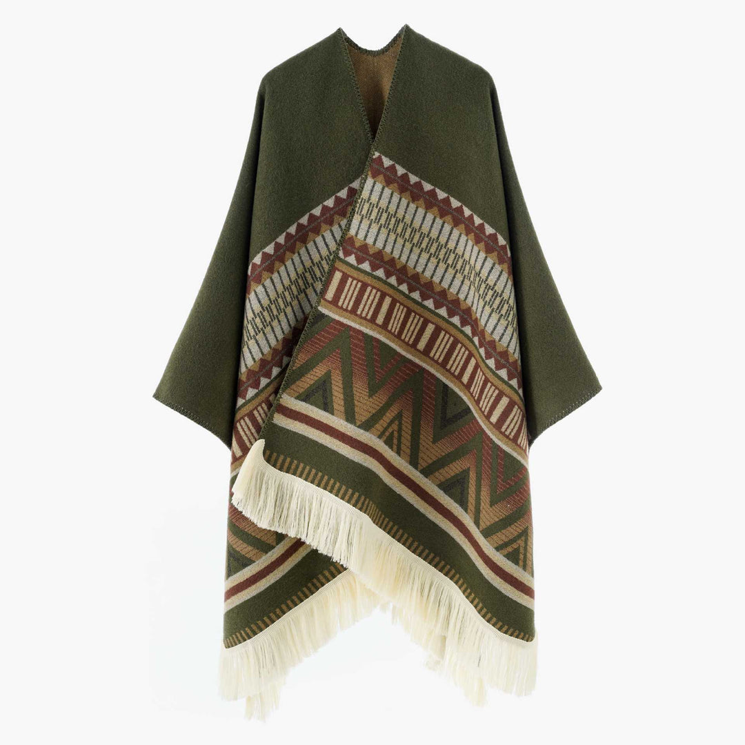 Damen Jacquard‑Ruana mit Fransen und folklorem Muster – Avérine
