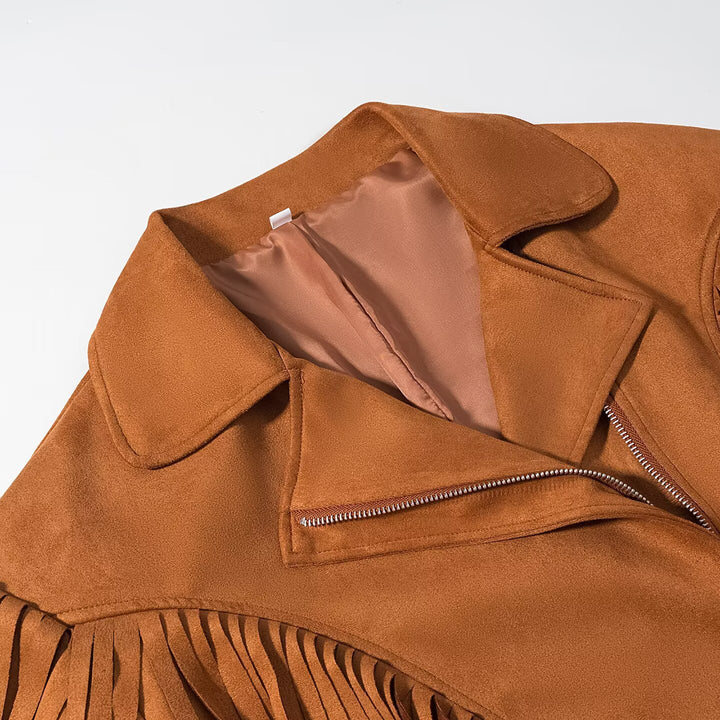 Damen Wildlederoptik Fransenjacke mit Oversized‑Schnitt, Taillengürtel und Statement‑Ärmeln Echo Archiv
