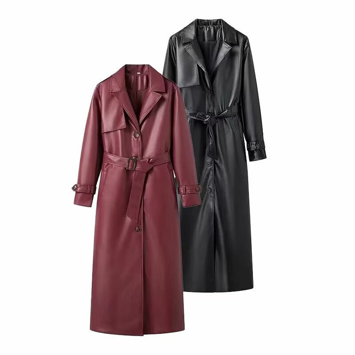 Damen Langer Kunstleder‑Trenchcoat mit Taillengürtel, weitem Revers und wasserabweisender Oberfläche Echo Archiv