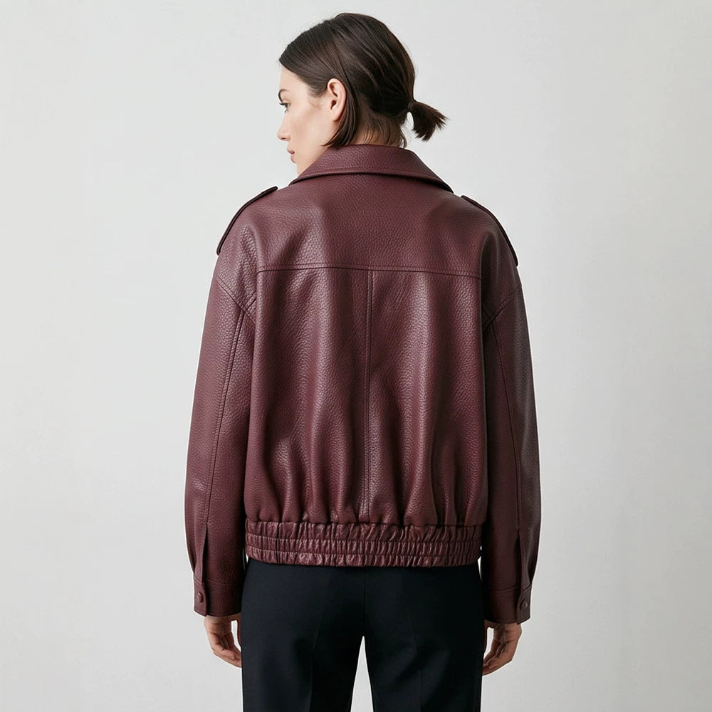 Damen Boxy-Lederimitat-Blouson mit strukturierter Narbung, doppelreihiger Knopfleiste & elastischem Saum Echoarchiv