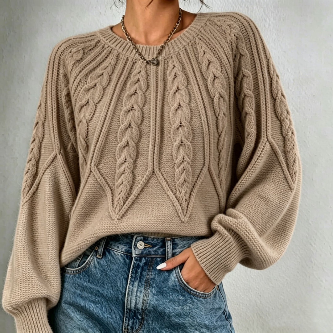 Damen kurzgeschnitteter Grobstrick-Zopfpullover mit Ballonärmeln – Mavelle