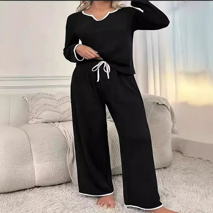 Damen Zweiteiliges Lounge-Set aus weichem Jersey mit V‑Ausschnitt, Langarm-Oberteil und weitem Palazzohosenbein – Élanora