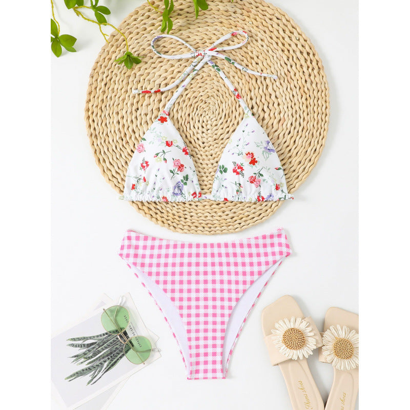 Damen Bikini-Set mit floralem Oberteil und kariertem Unterteil Echo Archiv