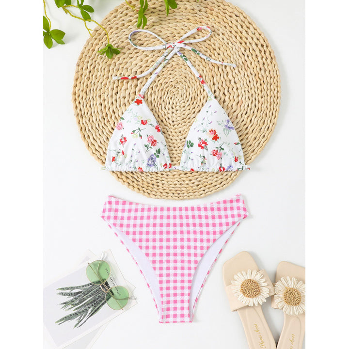 Damen Bikini-Set mit floralem Oberteil und kariertem Unterteil Echo Archiv