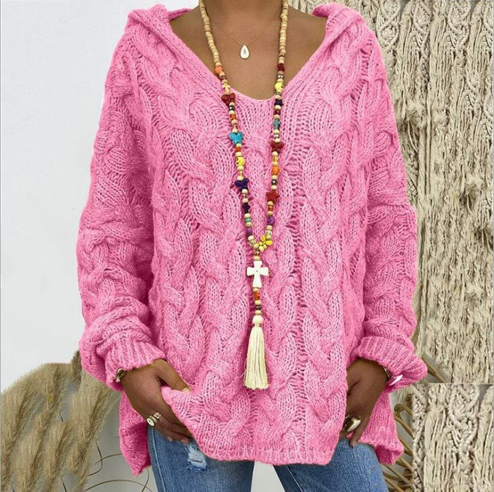 Damen Oversized Zopfmuster-Strickpullover mit Kapuze und lässigem V‑Ausschnitt Echo Archiv